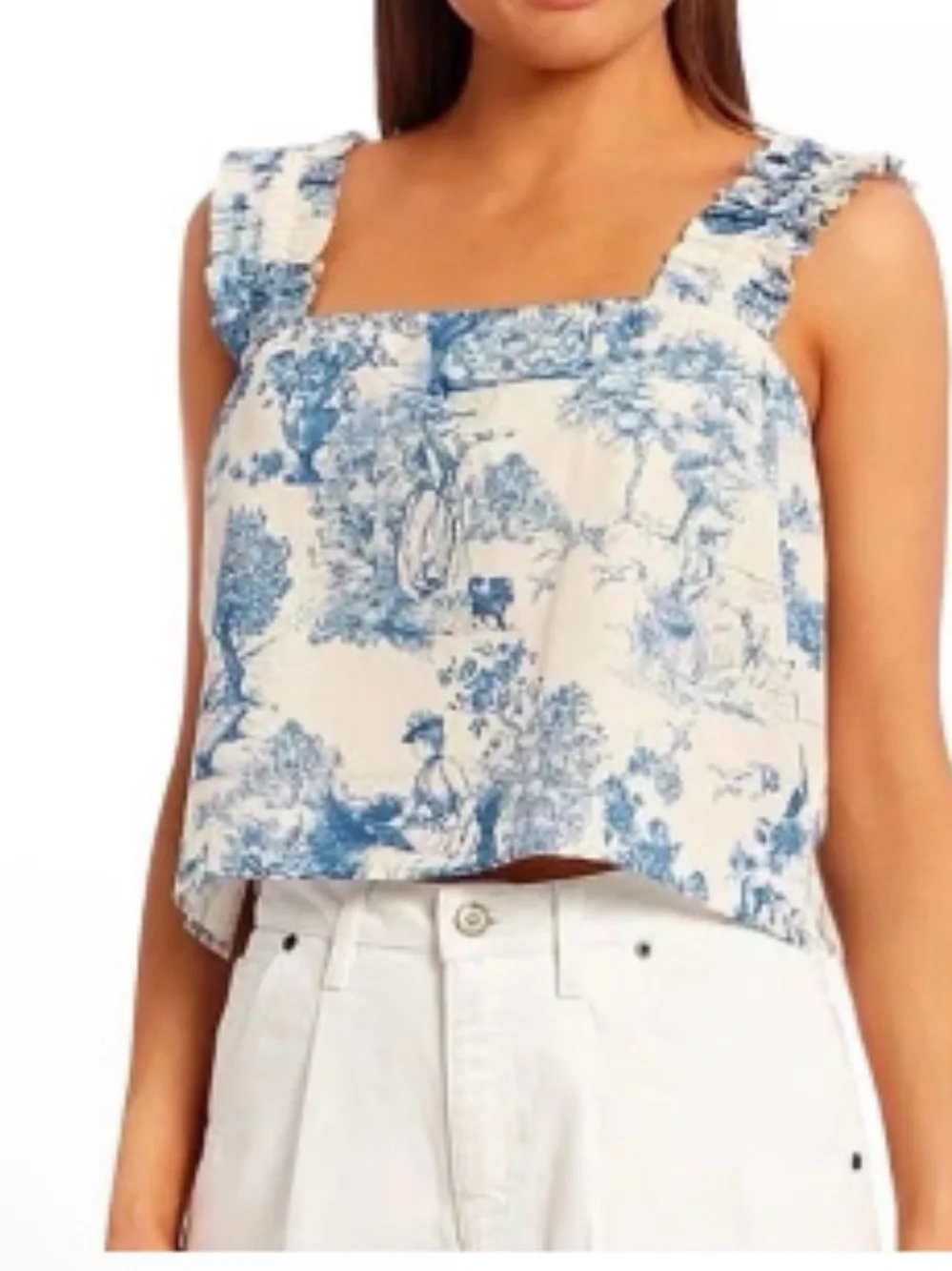 Gianni Bini Blue and White Toile Square Neck Crop Camisole